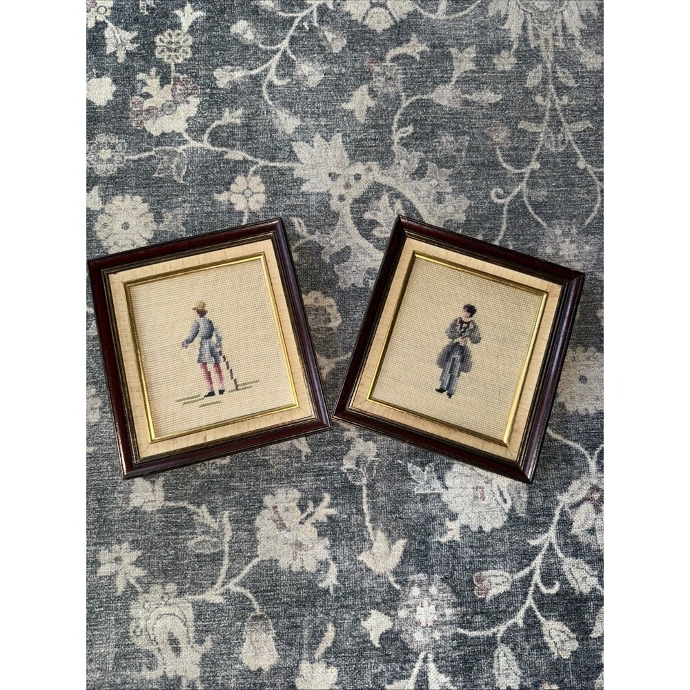 Vintage Needle Point Framed Artwork Set Of 2 9inX9.5in